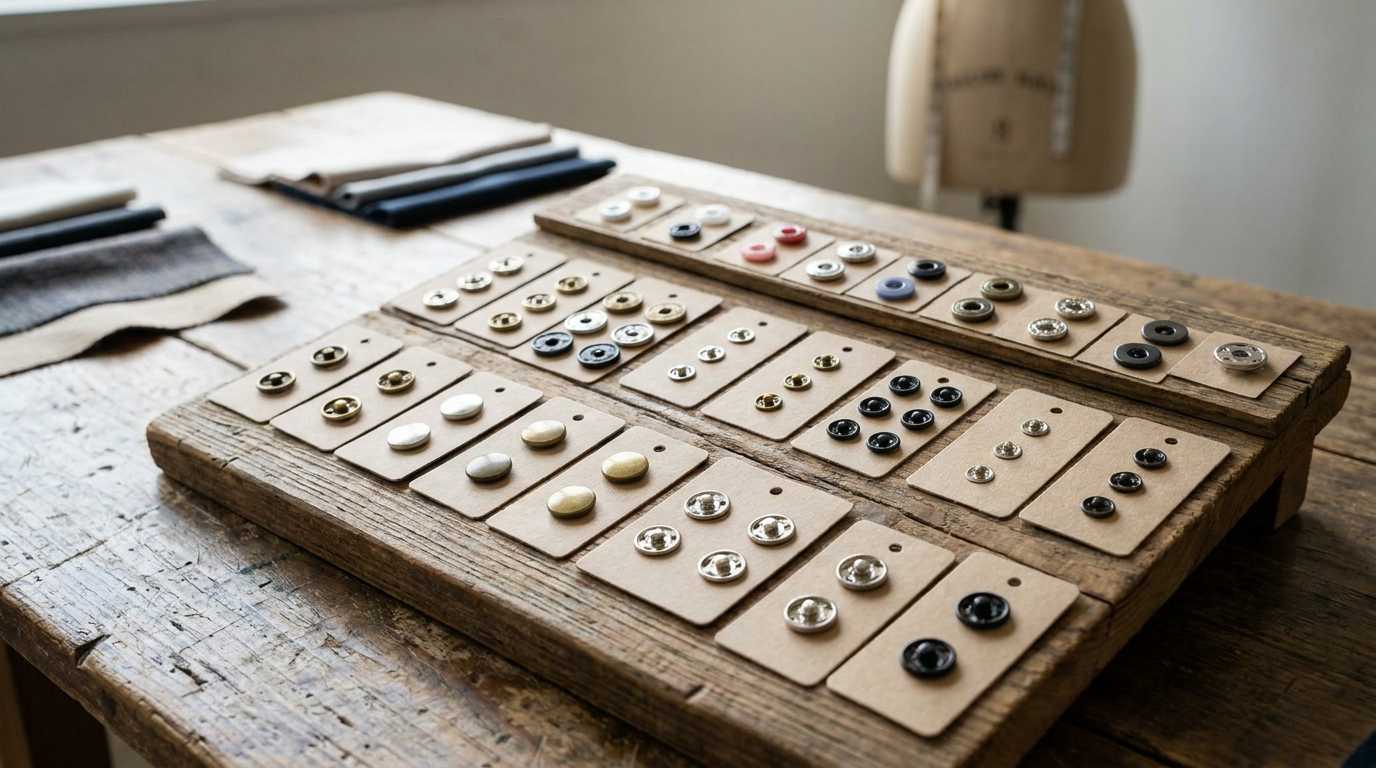 brass snaps, Brass snaps in different sizes and finishes are mounted on rectangular sample cards arranged on a wooden display board.